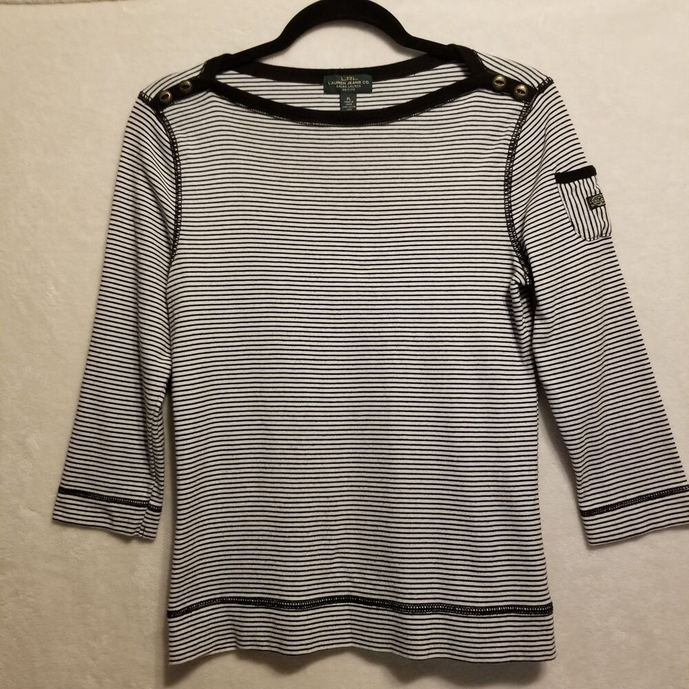 LRL Lauren Jeans Co PL Top Striped 3/4 Sleeve Knit Preppy Nautical Classic